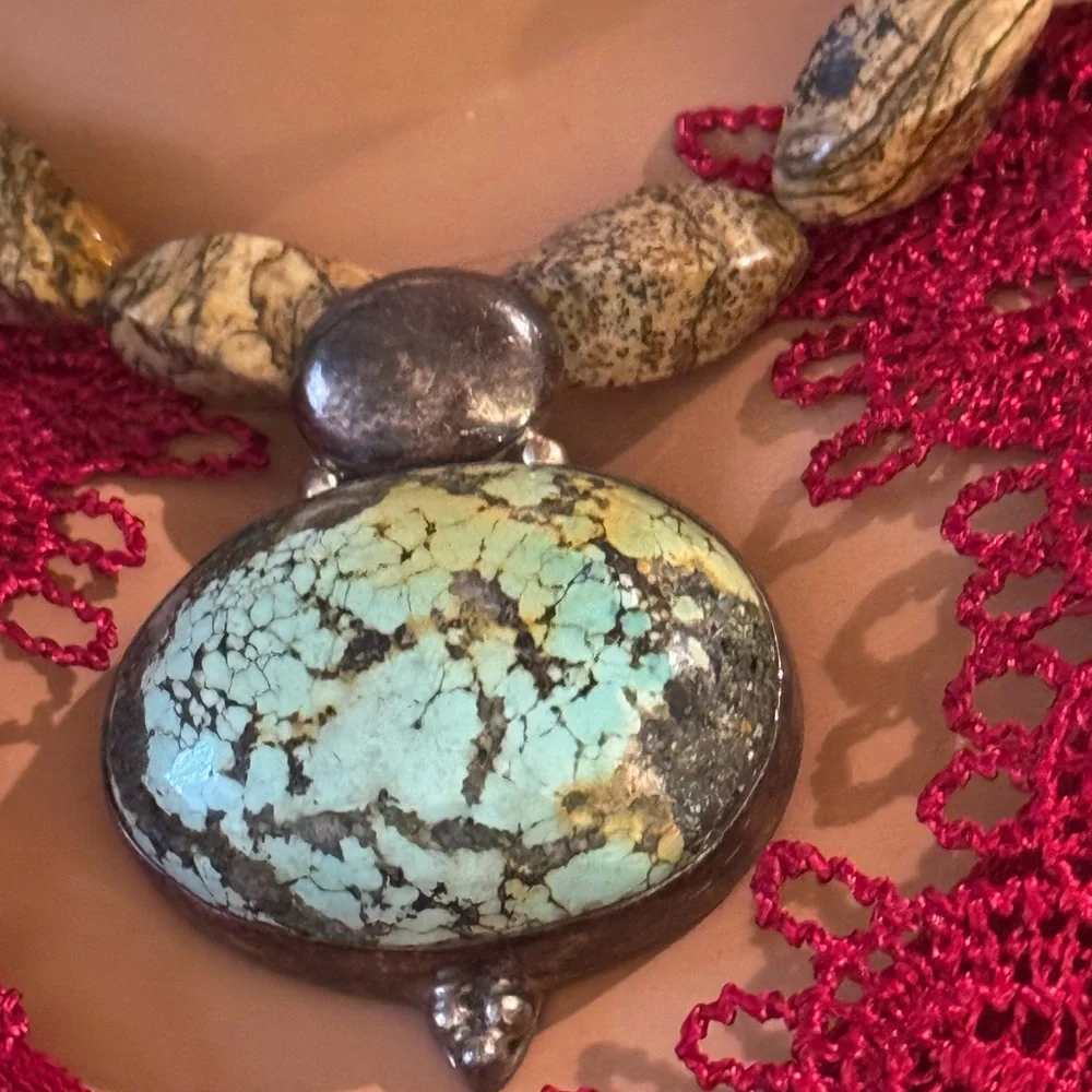 Handmade turquoise pendant on sterling necklace with barrel jasper stone beads